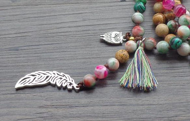 Mixed 8MM Natural Stone Bead with Leaf / Owl Tassel Necklace